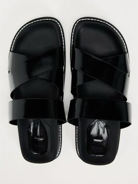 NWT Zara Womens Sandals Black Glossy Crisscross Slides Sz. 38